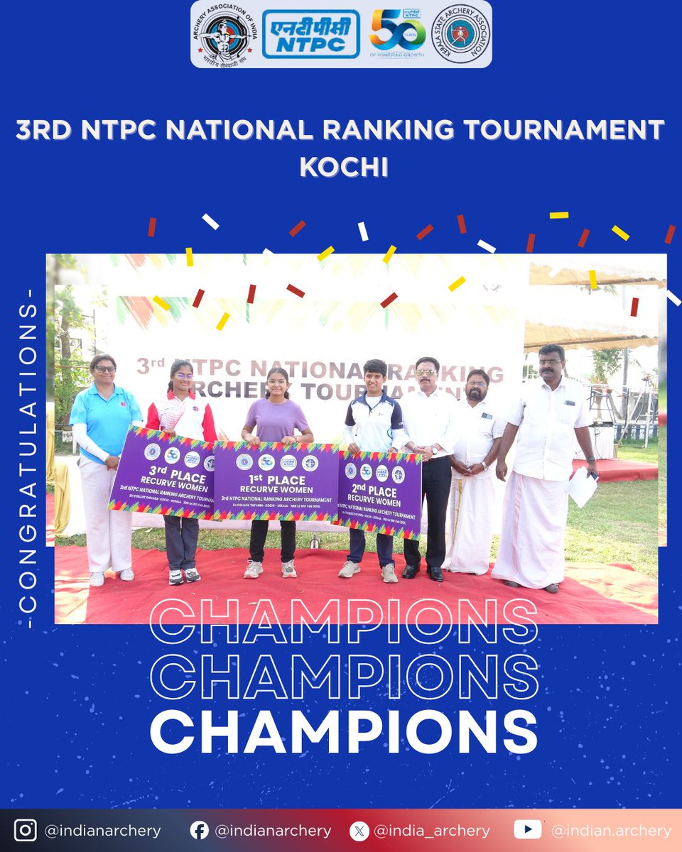 india_archery's tweet photo. Sub-Junior podium finishes at the 3rd NTPC National Ranking Archery Tournament in Kochi (10–19 Feb) highlight rising talent across recurve & compound categories.
Congratulations to all archers on their performances 🏹
#IndianArchery #NTPC #ArcheryIndia #SubJunior #Kochi https://t.co/RDkL71utMO