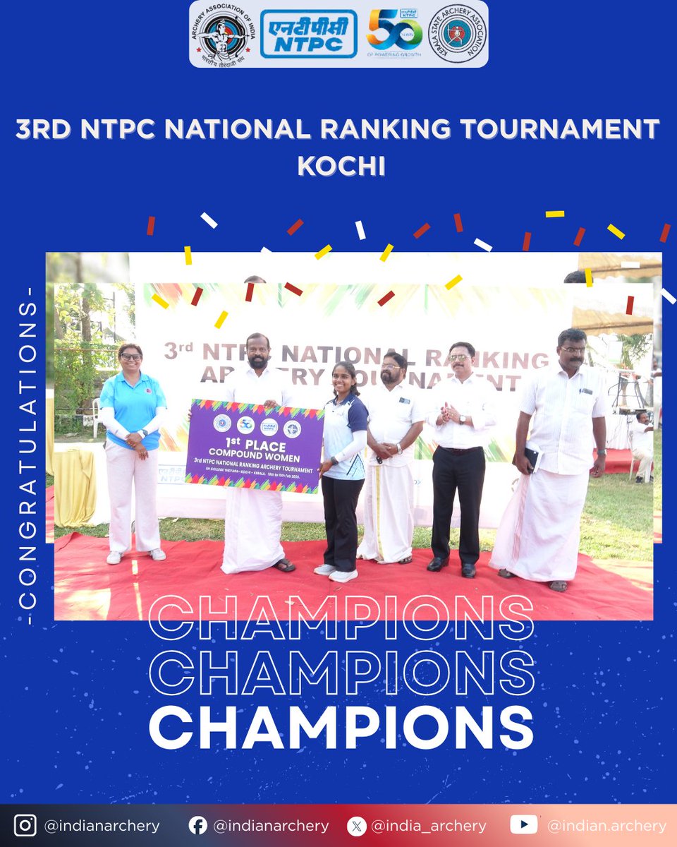 india_archery's tweet photo. Sub-Junior podium finishes at the 3rd NTPC National Ranking Archery Tournament in Kochi (10–19 Feb) highlight rising talent across recurve & compound categories.
Congratulations to all archers on their performances 🏹
#IndianArchery #NTPC #ArcheryIndia #SubJunior #Kochi https://t.co/RDkL71utMO