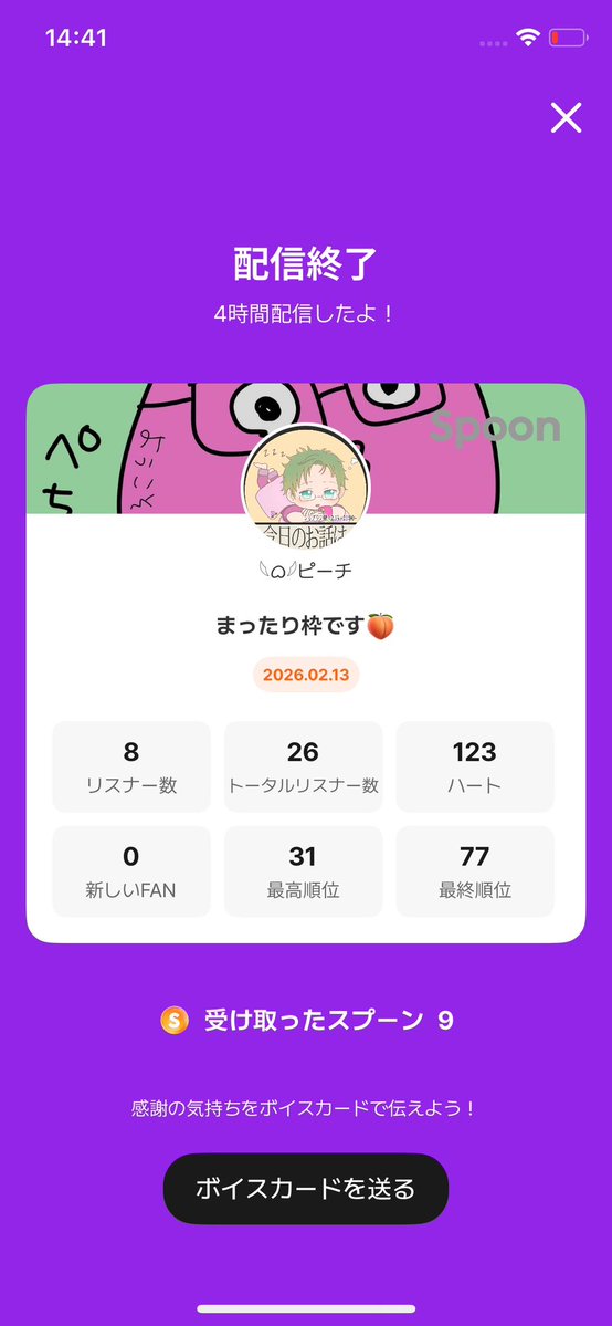 まったり枠に来て頂いた方々、ありがとうございます😊
今日もたっぷりまったりお話できて楽しかったです🎶
歌も歌えてルンルン♪( ◜ω◝و(و "
沢山の♡と🥄、𝐓𝐡𝐚𝐧𝐤 𝐲𝐨𝐮 -🍑