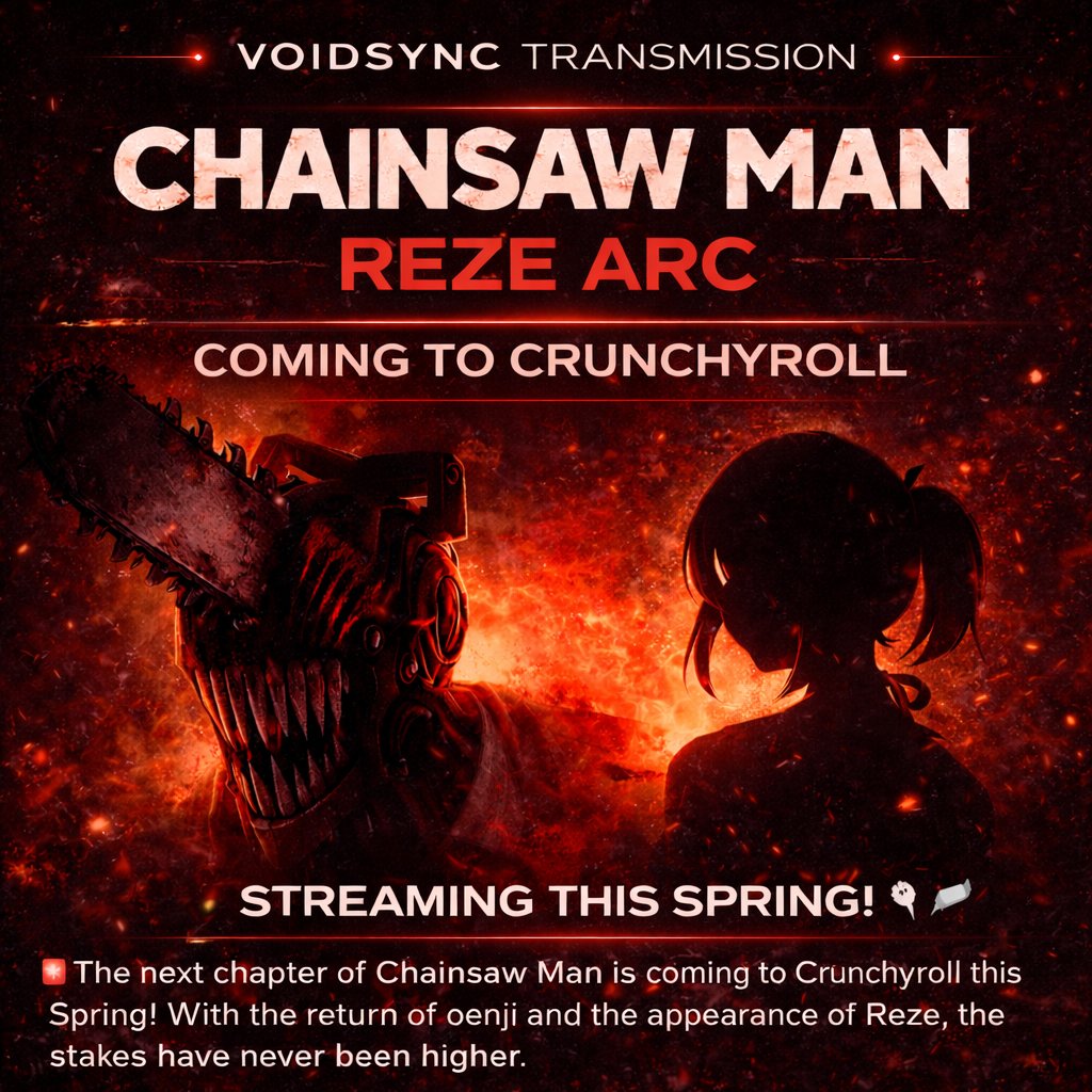 _voidsync's tweet photo. 🚨 VOIDSYNC TRANSMISSION — RED ALERT 🚨

The Chainsaw Man: Reze Arc is officially heading to Crunchyroll this Spring… and the chaos is about to return.

Denji is back.
Reze enters the stage.
And nothing will ever be the same again.
This arc isn’t just action — it’s heartbreak, obsession, and pure destruction.
Are you ready for one of the most explosive arcs in modern anime? 🔥🩸

👇 Team Denji or Team Reze?

#ChainsawMan #RezeArc #AnimeNews #AnimeUpdate #VoidSync #Crunchyroll #AnimeCommunity #Otaku #MAPPA