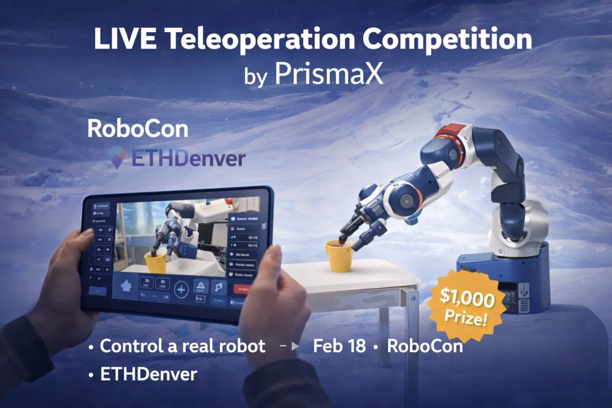 gPrisma 

Robotics is coming to ETHDenver in the most hands-on way possible. 🤖

<a href="/PrismaXai/">PrismaX</a> is hosting a LIVE teleoperation competition at RoboCon

where anyone can step in and operate a real robot

No prior experience needed, just show up and try.
Qualifiers + finals happen