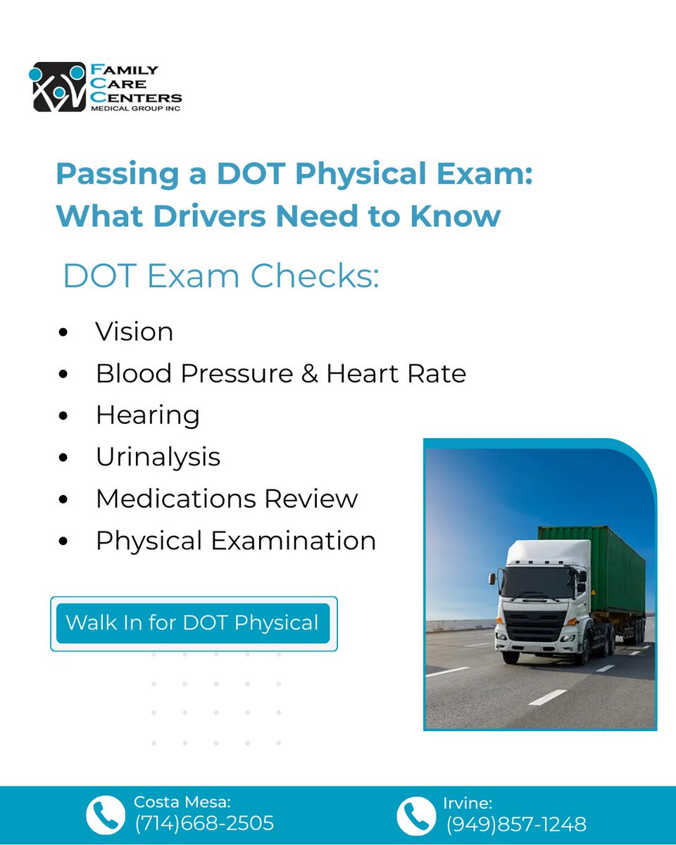 WBWalkIn's tweet photo. DOT physicals keep drivers safe and compliant, delays cost time on the road. FCCMG offers certified, efficient DOT exams to keep you moving.

Learn more: https://t.co/m4DlnIBdO0

#DOTPhysical #CommercialDrivers #DriverHealth https://t.co/meVJdEggR3