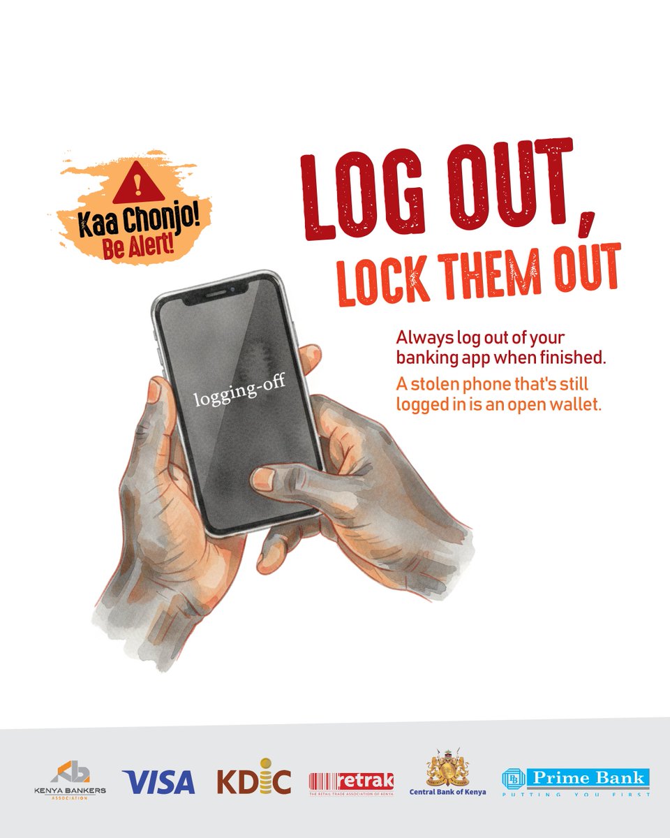 PrimeBankAfrica's tweet image. LOG OUT, lock them out. 🔒📱
Your security matters. After using your Prime Bank app, always log out to help keep your account protected, especially if your phone is lost or shared.

#KaaChonjo #PrimeBank #PuttingYouFirst
