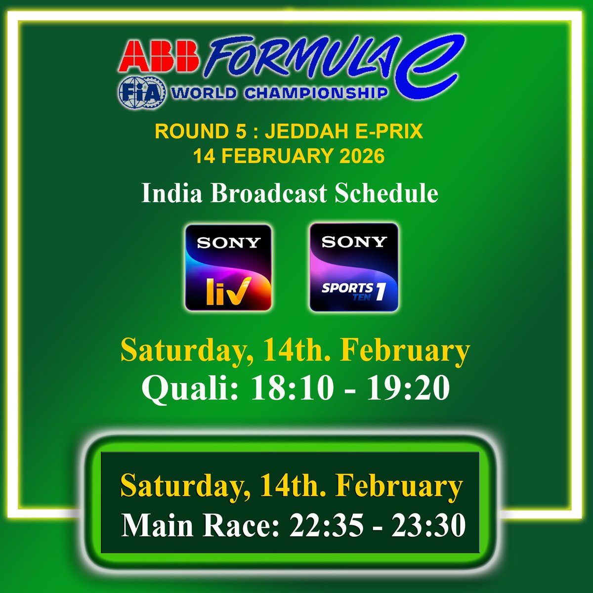 cfmagindia's tweet photo. Here’s the @FIAFormulaE #JeddahEPrix 🇸🇦 #IndiaEPrixBroadcastSchedule 🇮🇳 of this weekend LIVE on @SonyLIV and @SonySportsNetwk TEN 1️⃣💪

@anandmahindra #Sustainability #ElectricVehicle @ABBIndia #EPrix @Jeddah @JeddahCircuit https://t.co/TrcURoH6aa
