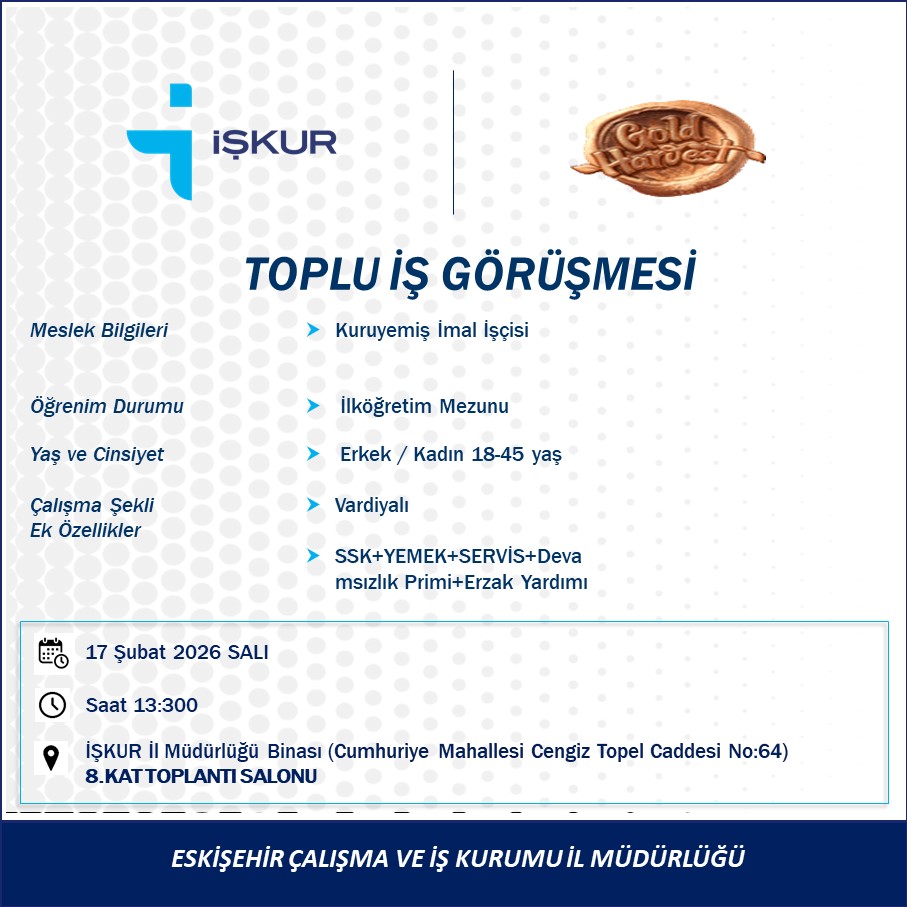 📢 GOLD HARVEST Firmasında;

📌Kuruyemiş İmal İşçisi

Mesleğinde personel istihdam edilecektir. Görüşmeler İl Müdürlüğümüz binasında gerçekleştirilecektir.

#Eskişehir
#İŞKURdaİşVar