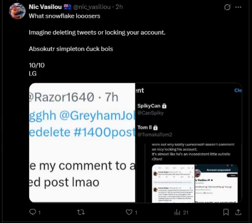 Razor1640's tweet photo. "haven't seen what that clowns says unless I go specifically to his account"

I present two screenshots from the video I re-recorded this morning 🤣

You visited my profile 4 days ago to screenshot it @nic_vasiliou 

&amp; today.

Take notes on how not to be a #liar 🥱 https://t.co/GFLhfrsKxG