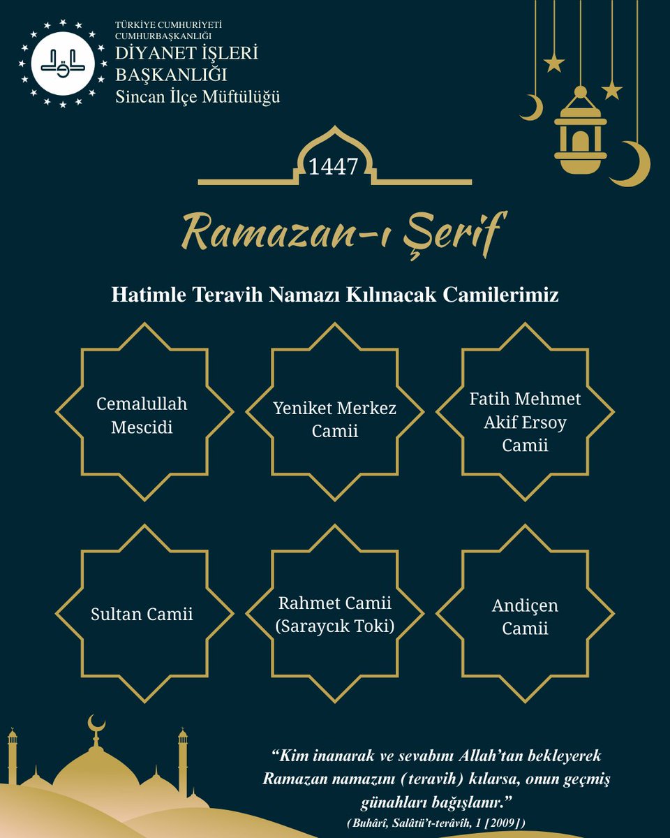 2026 yılı Ramazan Ayında Hatimle Teravih Namazı Kılınacak Camilerimiz
