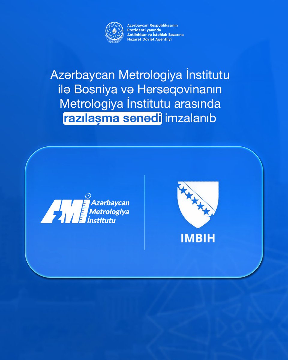 antiinhisar's tweet photo. Azərbaycan Respublikasının Prezidenti yanında Antiinhisar və İstehlak Bazarına Nəzarət Dövlət Agentliyinin tabeliyində olan Azərbaycan Metrologiya İnstitutu (@azmetrology) ilə Bosniya və Herseqovinanın Metrologiya İnstitutu (#IMBIH) arasında razılaşma sənədi imzalanıb.
Sənəd çərçivəsində tərəflər birgə elmi-tədqiqat fəaliyyətləri həyata keçirəcək, o cümlədən #metroloji xidmətlər üzrə qarşılıqlı dəstəyin göstərilməsi, təlim proqramları və praktiki seminarların təşkili istiqamətində əməkdaşlıq edəcəklər.
Ətraflı – https://t.co/zJUW8QO2D6
#Antiinhisar #CompetitionGovAz #Keyfiyyətİnfrastukturu