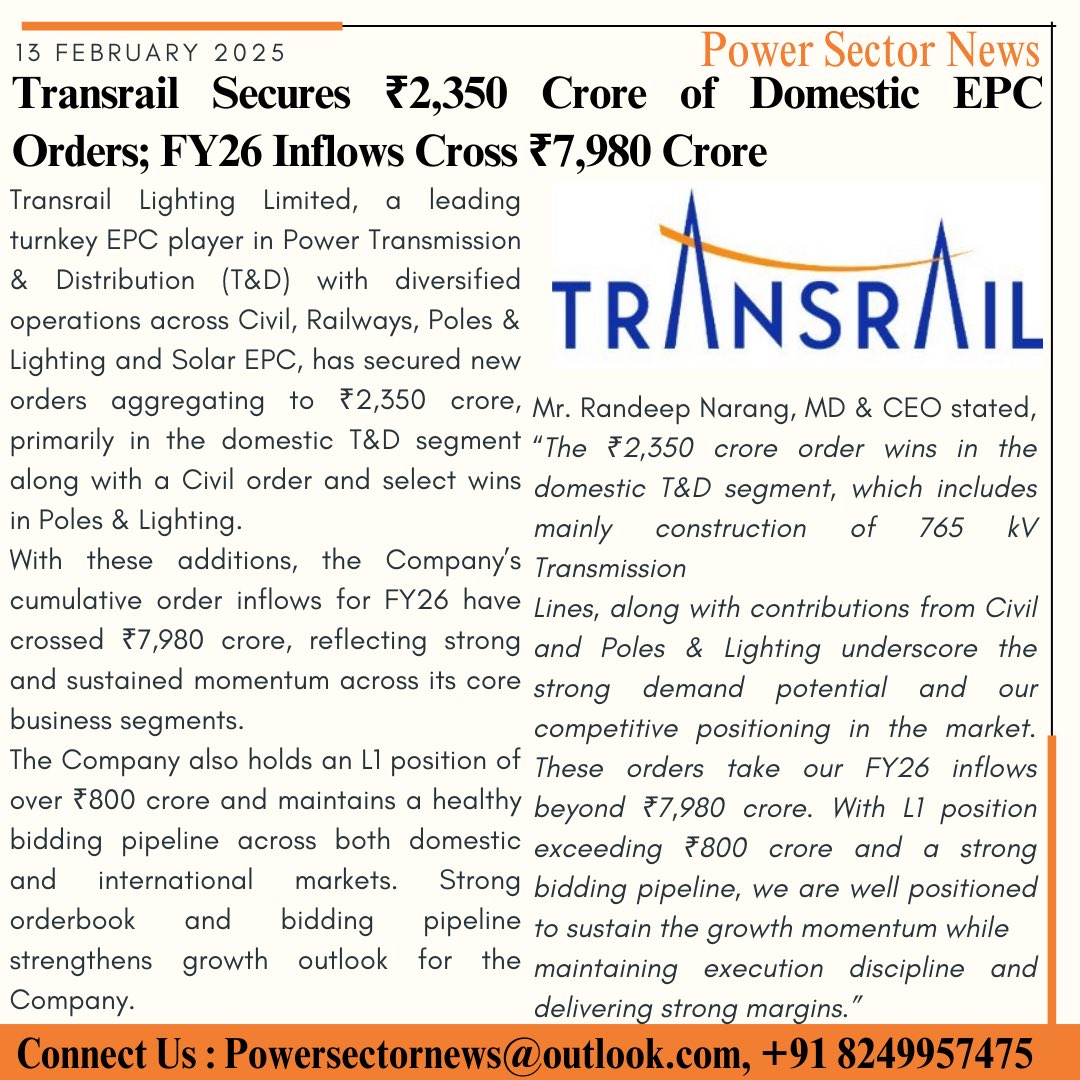 Newspowersector's tweet photo. Transrail Secures ₹2,350 Crore of Domestic EPC Orders; FY26 Inflows Cross ₹7,980 Crore. #Powersector #Powerdistribution #energy https://t.co/fuCBfp8tis