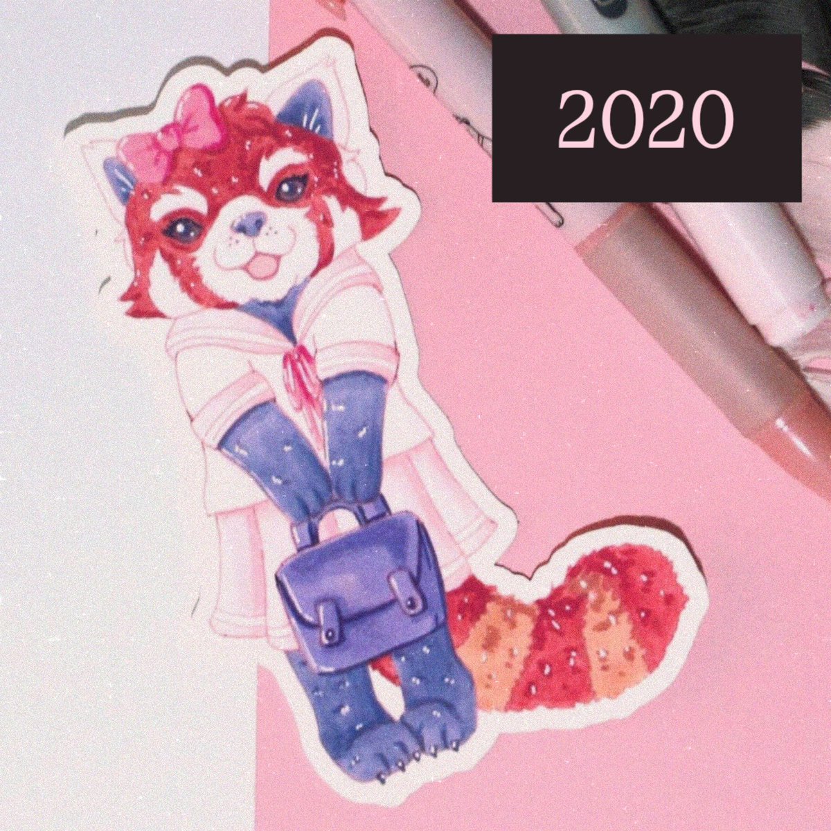 2026 redraw of a red panda schoolgirl that I originally illustrated in 2020! 🎍