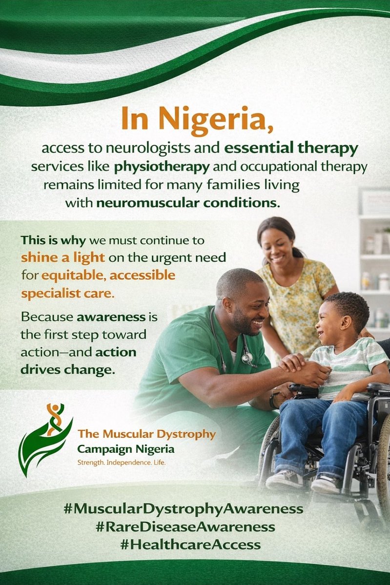 jucihart's tweet photo. Access to neurologists, physiotherapy &amp; occupational therapy remains limited for many families in Nigeria living with neuromuscular conditions.

Awareness drives action. Action drives change.
#MuscularDystrophyAwareness #RareDiseaseAwareness #HealthcareAccess #Nigeria https://t.co/XXwy3vAvh1