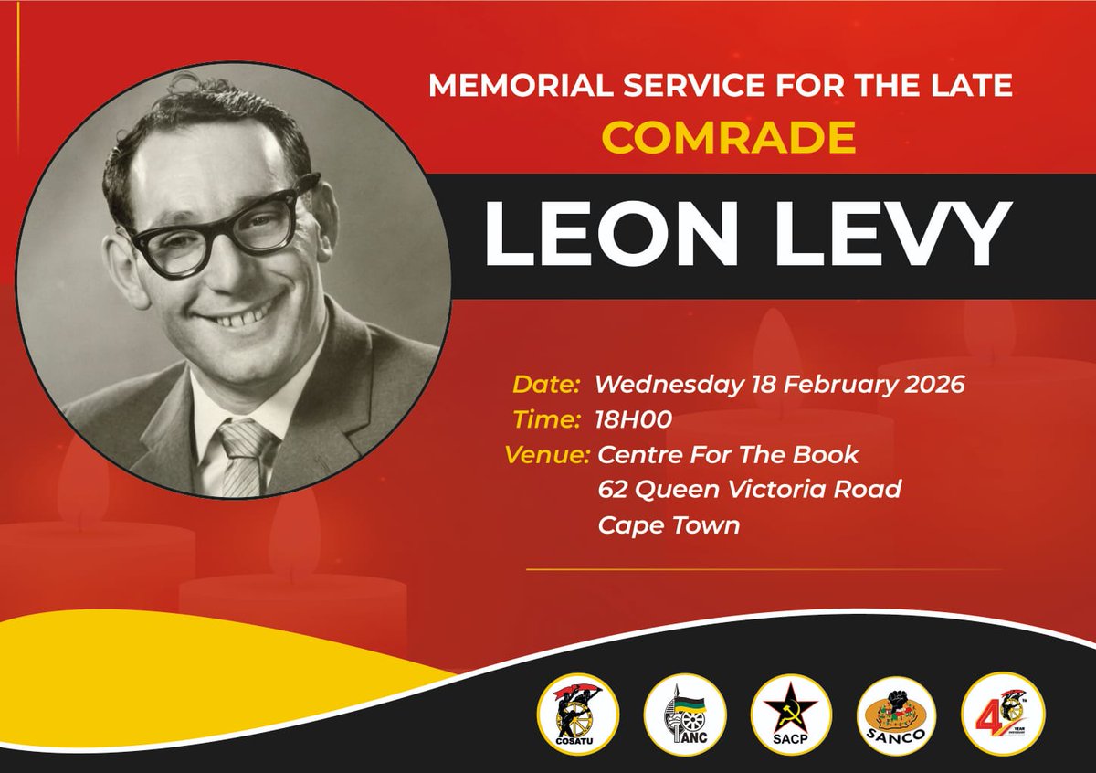 _cosatu's tweet photo. Workers and working-class communities are urged to participate in the celebrations of the life and times of the late former founding president of #SACTU, Comrade Leon Levy on the 18th February in Cape Town @CapeTownFM @CapeTalk @KayaNews @capetowntvnews @eNCA #HambaKahleLeonLevy https://t.co/AJbIxLymfh