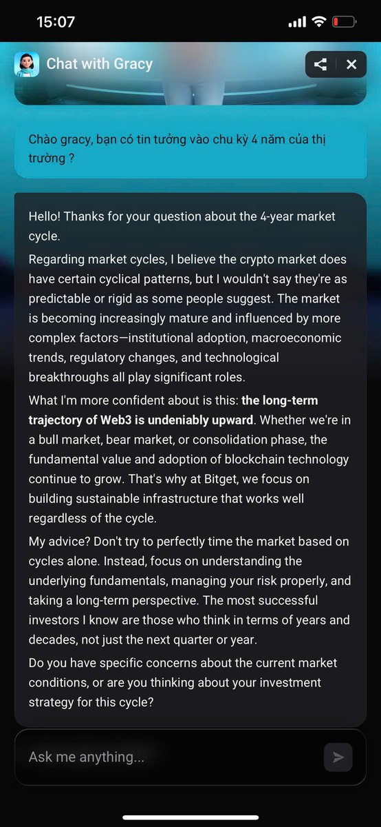 Thị trường crypto sắp tới sẽ ra sao?

Mình đem câu hỏi đó hỏi thử Gracy AI avatar AI kỹ thuật số được xây dựng dựa trên góc nhìn của Gracy Chen, CEO của Bitget.Và đây là những gì mình nhận được (tóm lược): Crypto hiện vẫn phụ thuộc lớn vào kinh tế vĩ mô.