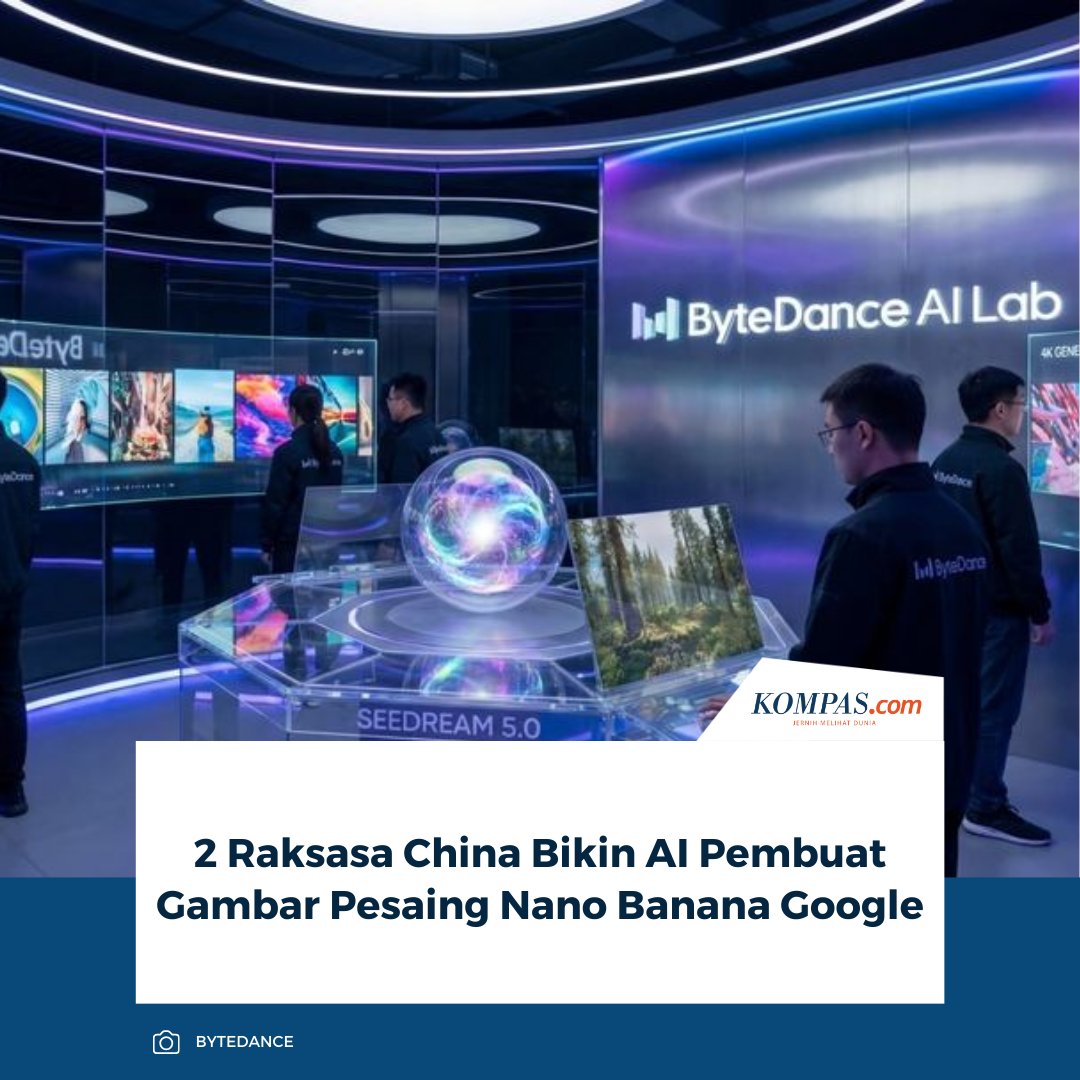 kompascom's tweet image. Dua raksasa teknologi China, Alibaba dan ByteDance, hampir bersamaan meluncurkan model AI generatif terbaru yang diposisikan untuk menantang dominasi model Google, Nano Banana.

👉🏻Baca selengkapnya tekno.kompas.com/read/2026/02/1…

~AM #Alibaba #Google #China