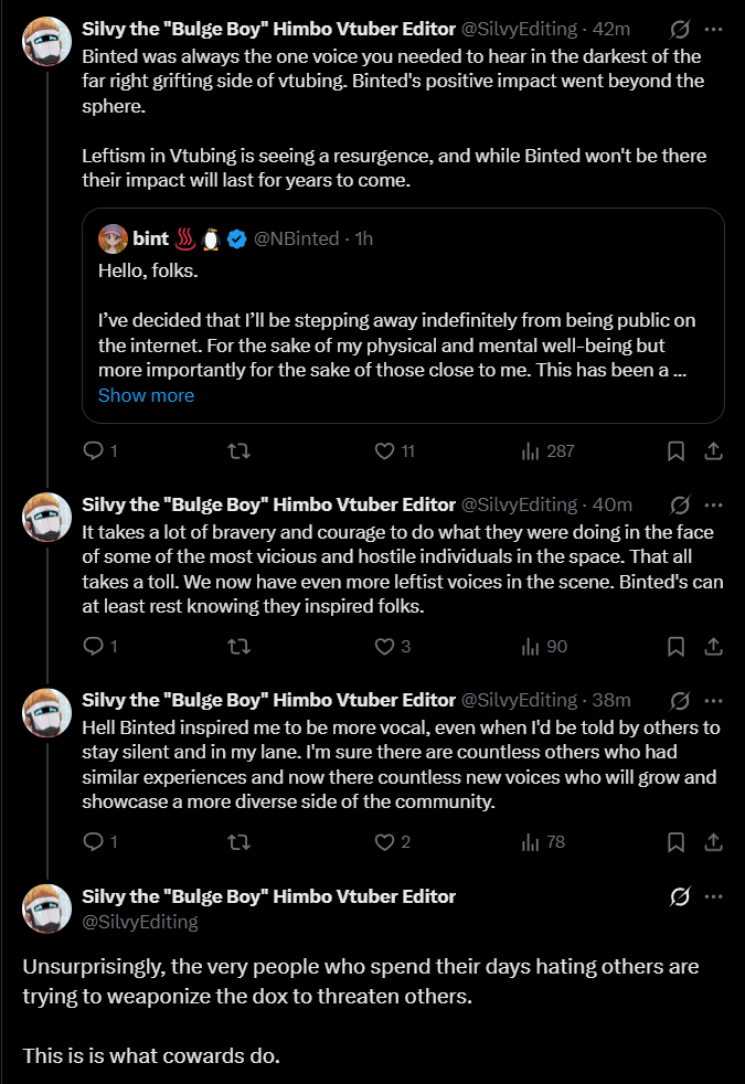 Over the coming hours, you will see the worst people I have covered on this account come out in support of Bint.

People like SilvySparks, who wanted to harass a disabled woman into homelessness because she went up against his then friend Marina.