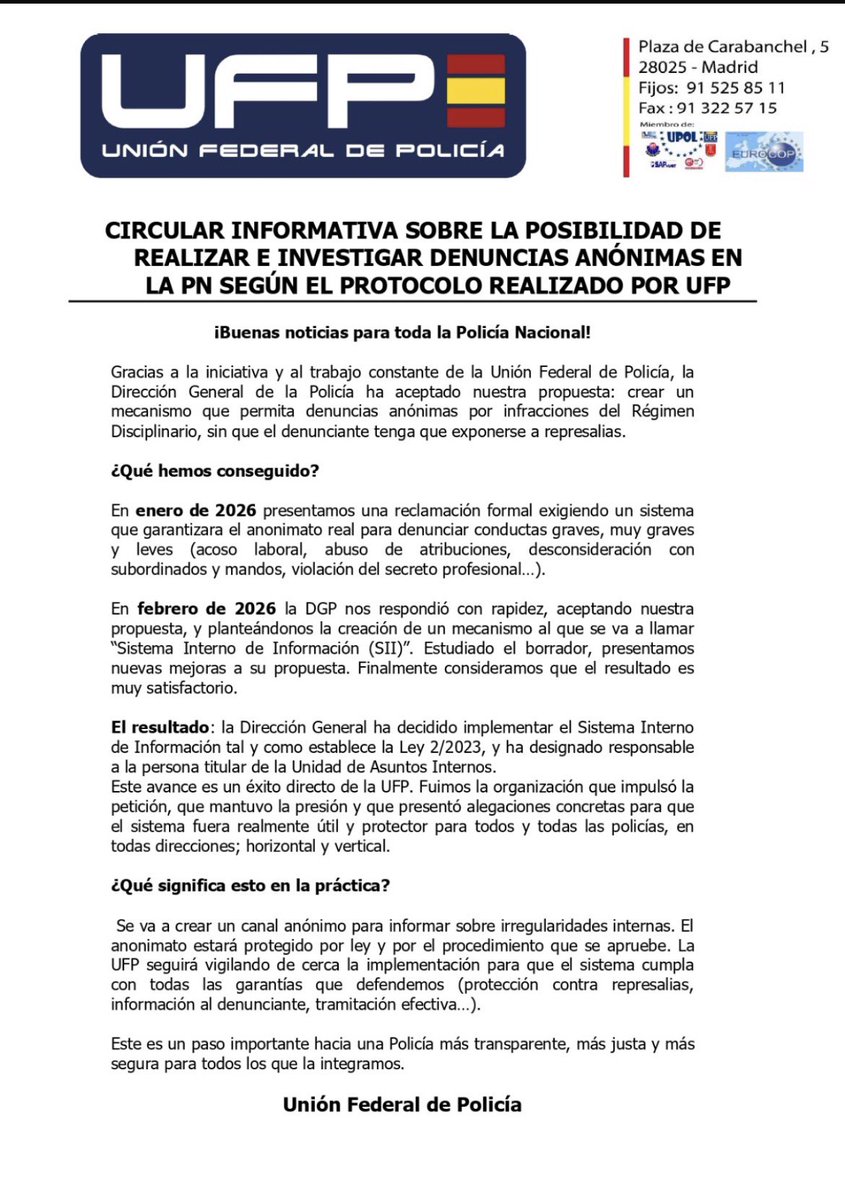 🫶 LOGRO HISTÓRICO DE UFP para los policías nacionales 

✅SE IMPLANTARÁ UN PROTOCOLO CREADO POR UFP 👉 PARA INVESTIGAR LAS DENUNCIAS ANÓNIMAS disciplinarias EN POLICIA NACIONAL 

👉Posibles faltas  graves o muy graves disciplinarias serán siempre comprobadas 

👉Protocolo que