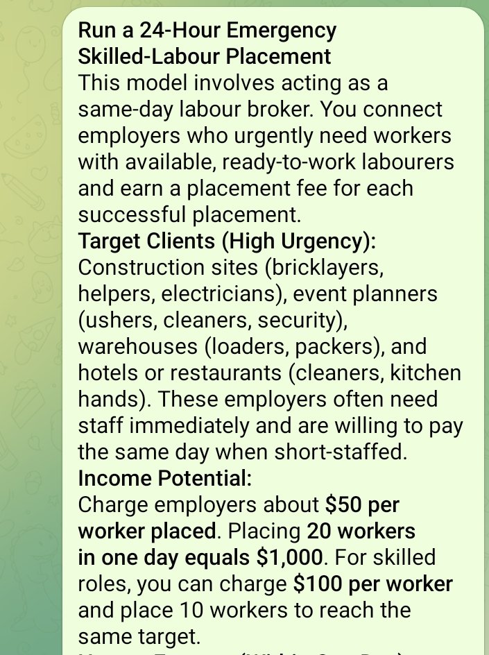 abdulbbuhari96's tweet photo. @ahmedxm01 Run a 24-Hour Emergency Skilled-Labour Placement
This model involves acting as a same-day labour broker. You connect employers who urgently need workers with available, ready-to-work labourers and earn a placement fee for each successful placement. https://t.co/QUYO6bQRdY
