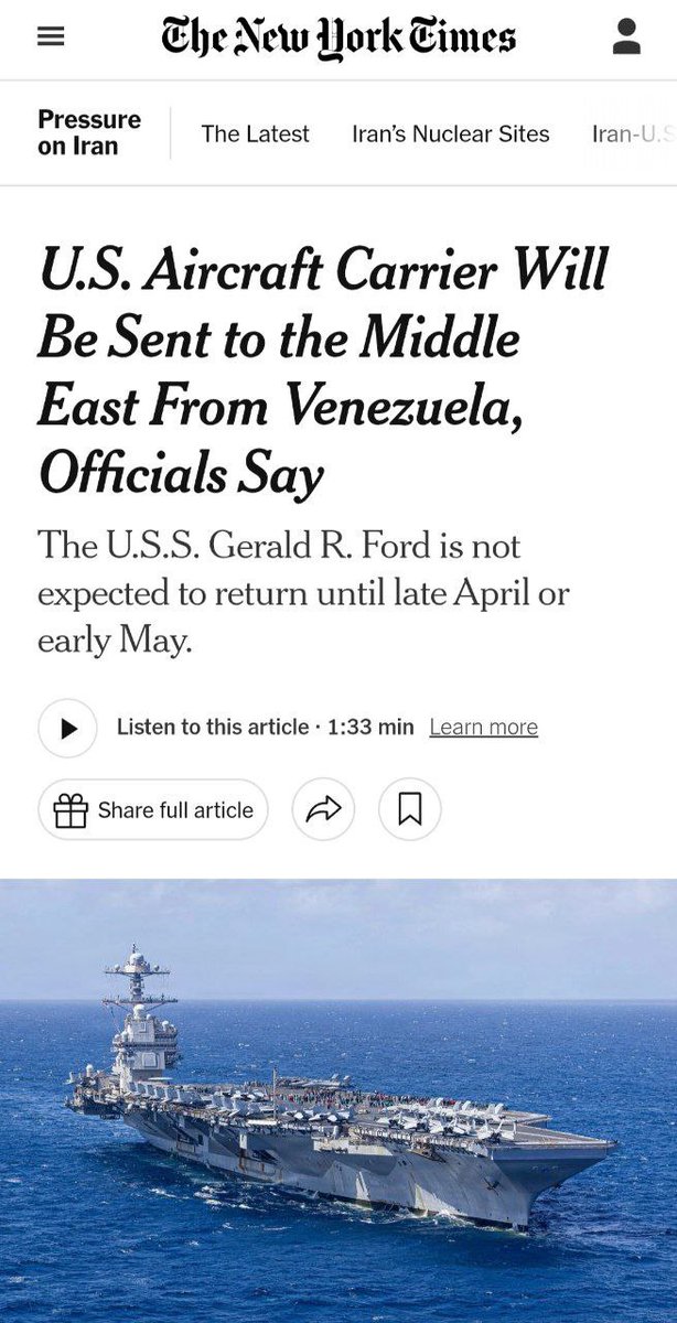 بزرگترین و پیشرفته ترین ناو هسته‌ای هواپیمابرِ آمریکا دستور گرفته بیاد خاورمیانه😱

 چخبره💀
عمو راضی به زحمت نیستیم یدونه b2 کافیه بمولا

میدونستین این بزرگ ترین قدرتمند ترین و خطرناکترین ناو هواپیمابر امریکاست؟😈

#IranMassacre 
#IranRevolution2026‌ 
#جاويدشاه‌