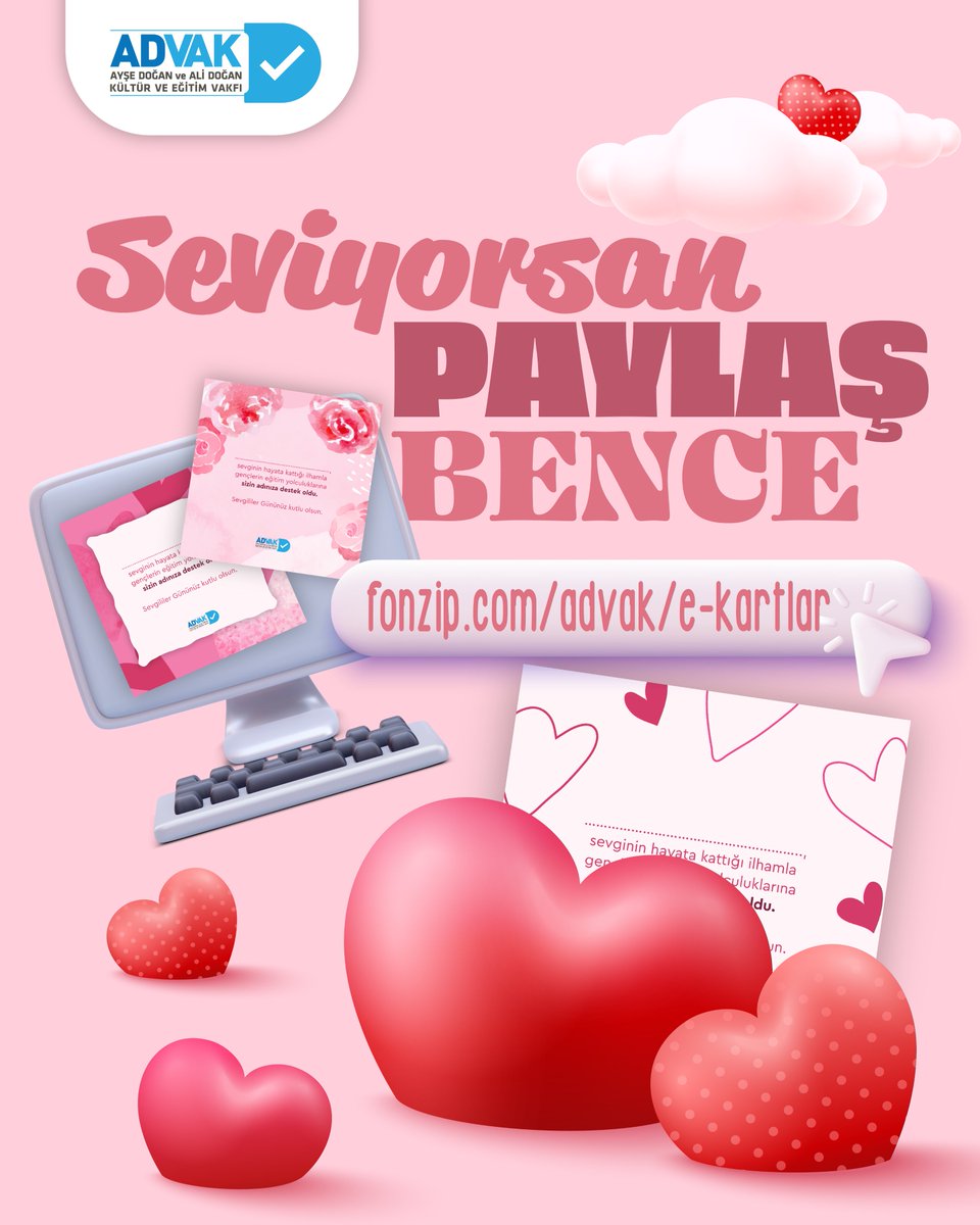 Bu Sevgililer Günü’nde ADVAK’la gençlerimizin eğitim yaşamına sevgi ve umut dolu bir el uzatmaya ne dersiniz? Sevgililer Günü’ne özel birbirinden renkli e-kartlarımız web sitemizde!

👉 fonzip.com/advak/e-kartlar

#ADVAK #SevgililerGünü #14Şubat #Burs #Eğitim #BirlikteGeleceğe