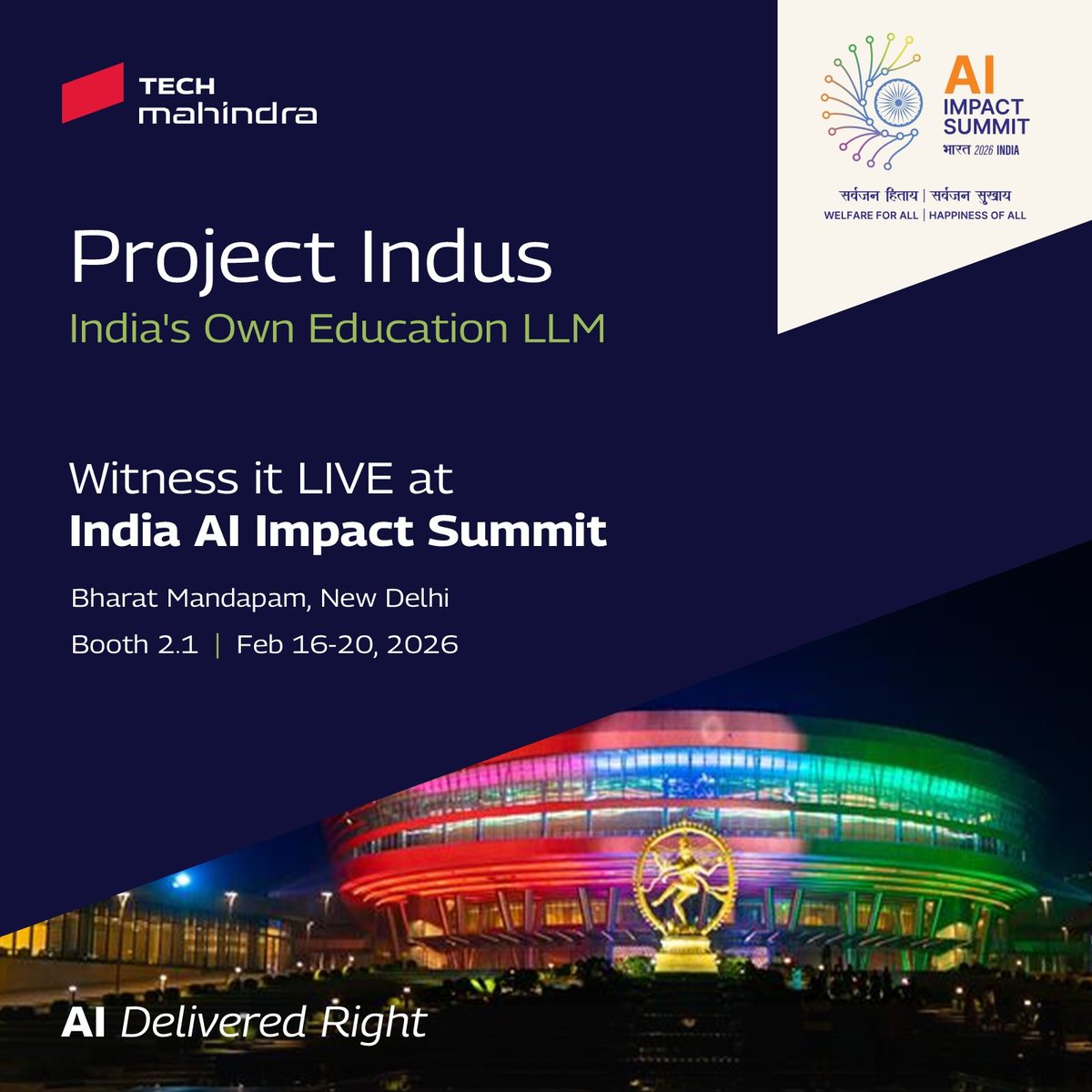 tech_mahindra's tweet photo. Meet @tech_mahindra at the India AI Impact Summit, and experience #ProjectIndus, India’s own Education‑first LLM.
Built across Hindi and 37+ Indian dialects, Project Indus reflects our belief that #AI must be purpose‑driven, inclusive, and built for real‑world impact. Developed as an 8‑billion‑parameter, education‑centric LLM, Indus is designed to serve classrooms, communities, and last‑mile learners, balancing performance, efficiency, and deployability at scale.
AI that moves beyond pilots to practice, from research to classrooms, and from ambition to adoption.
🤝 Witness Tech Mahindra's role in the #IndiaAIMission, advancing #SovereignAI and Indian LLMs
📍 Bharat Mandapam, New Delhi
🗓 Feb 16–20, 2026
🏛 Exhibition Hall 2 | Booth #2.1
Know more: https://t.co/8cUGnJ5Ivb
#ScaleAtSpeed #LLM #SovereignAI #EducationLLM