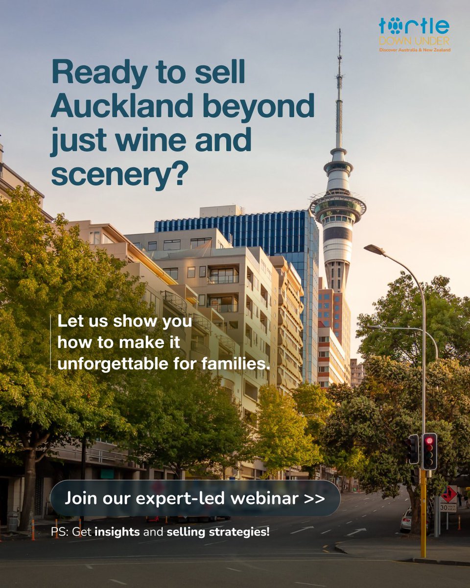 TDU_au's tweet image. Ready to sell Auckland beyond wine and scenery?

Join our expert-led webinar and learn how to package Auckland as a family-friendly destination, with practical selling tips straight from the experience experts.

Save your spot now.

#AskTDU #TurtleDownUnder #SellAuckland