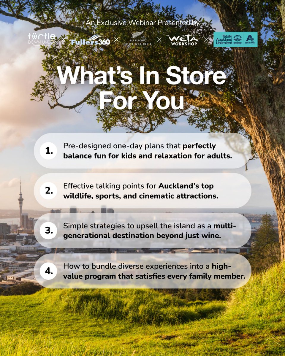 TDU_au's tweet image. Ready to sell Auckland beyond wine and scenery?

Join our expert-led webinar and learn how to package Auckland as a family-friendly destination, with practical selling tips straight from the experience experts.

Save your spot now.

#AskTDU #TurtleDownUnder #SellAuckland