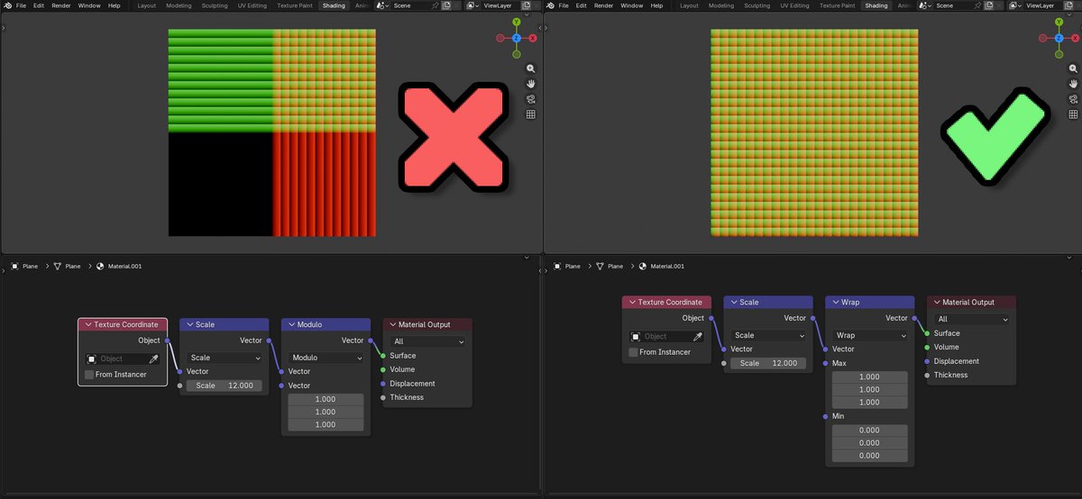 Quick Blender Tip: 💡

If you want infinite tiling in your shaders,
DON'T USE MODULO, IT BREAKS ON NEGATIVE NUMBERS!!!

Use either WRAP or FRACTION instead, those allow for tiling even negative values.