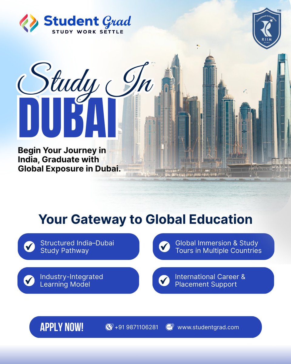 StudentGradLtd's tweet photo. Your journey to global business leadership starts here 🌍
Study in India. Graduate with global exposure in Dubai.
Apply now with Student Grad.
#StudyInDubai #RIIMDubai #GlobalEducation #FutureLeaders #StudyAbroad #StudentGrad https://t.co/ZfJk2rnuXK