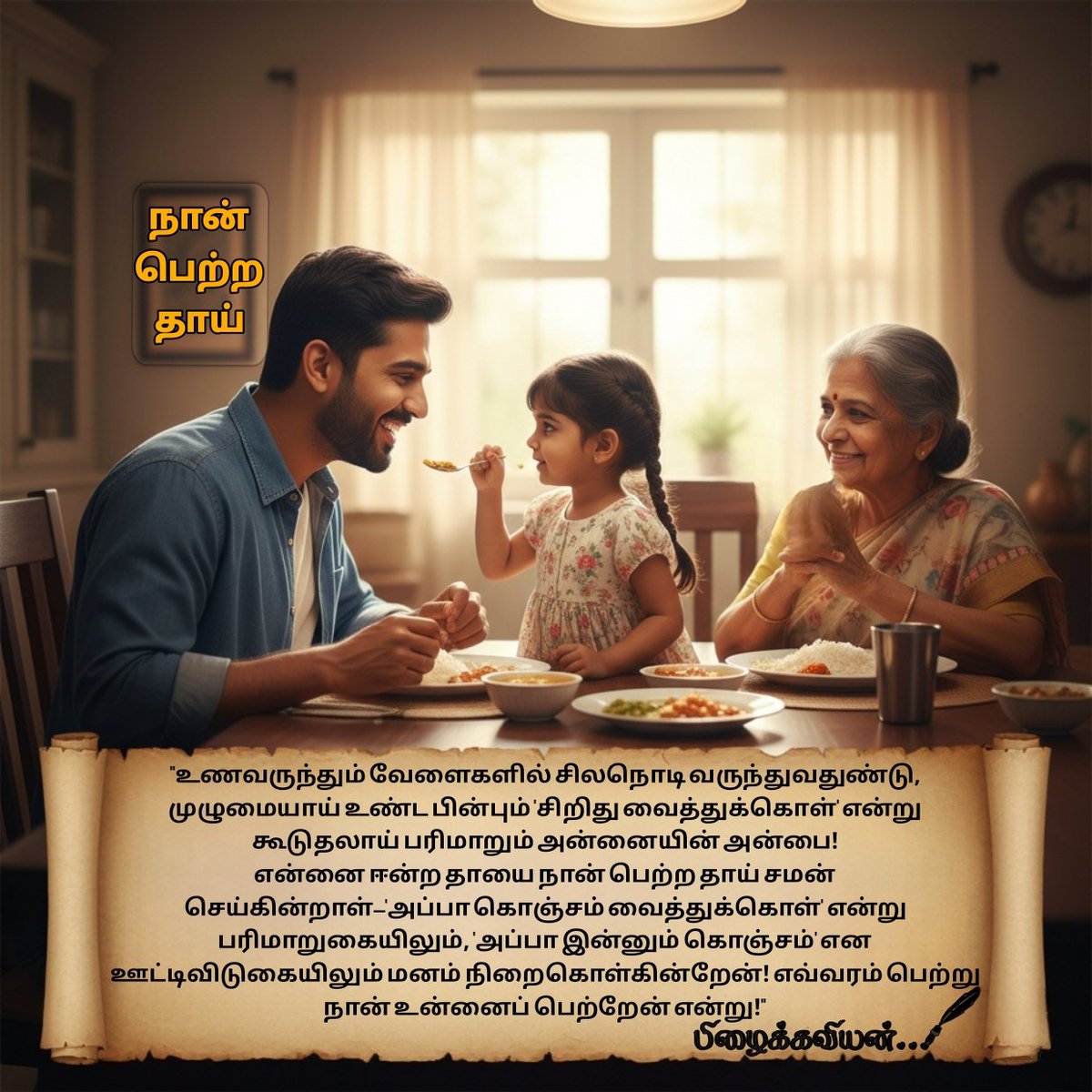 ThooralinRaagam's tweet photo. ✨
உணவருந்தும் வேளைகளில்
சிலநொடி வருந்துவதுண்டு...
முழுமையாய் உண்ட பின்பும்
'சிறிது வைத்துக்கொள்' என்று
கூடுதலாய் பரிமாறும் அன்னையின் அன்பை! 🍱
என்னை ஈன்ற தாயை
நான் பெற்ற தாய் சமன் செய்கின்றாள்—
'அப்பா கொஞ்சம் வைத்துக்கொள்'
என்று பரிமாறுகையிலும்...
'அப்பா இன்னும் கொஞ்சம்' https://t.co/WOZT6izNTq