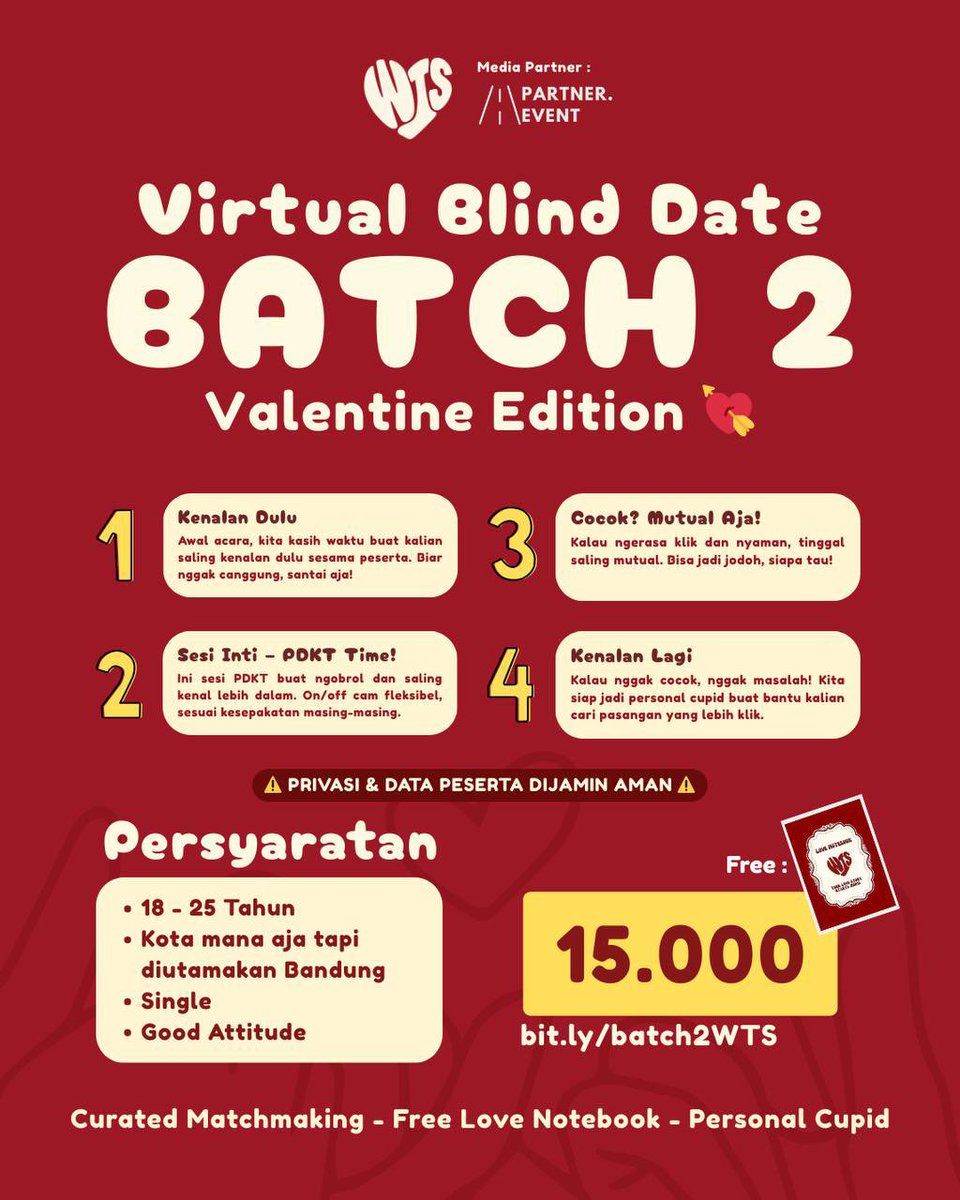 telfess's tweet photo. Valentine Masih Sendiri?💘

Siapa bilang cari jodoh itu susah? WTS balik lagi nih dengan Virtual Blind Date Batch 2: Valentine Edition! 🌹✨

Buat kamu yang umur 18-25 tahun dan masih single, ini kesempatan emas buat ketemu orang baru tanpa rasa canggung. Mulai dari sesi kenalan santai, ngobrol deep di sesi PDKT, sampai dibantuin Personal Cupid kalau belum nemu yang cocok!

Kenapa harus ikut?
✅ Privasi & Data DIJAMIN AMAN 🔒
✅ Curated Matchmaking (dipilihin yang paling pas)
✅ On/off cam fleksibel
✅ FREE Love Notebook 📖

Cuma dengan 15K, siapa tau tahun ini Valentine kamu nggak sendirian lagi! 😉

📍 Prioritas Bandung (tapi kota lain boleh join kok!)
🔗 Daftar sekarang di: https://t.co/yyKdyhHoPP

[Ads]