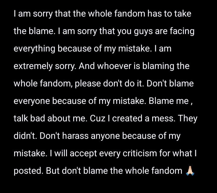 I'm extremely sorry for what I said yesterday. I am asking my sincere apologies from the director and everyone who felt hurt &amp; uncomfortable because of my comment. I've already learnt from my mistake &amp; be more careful before posting anything 🙏🏻
