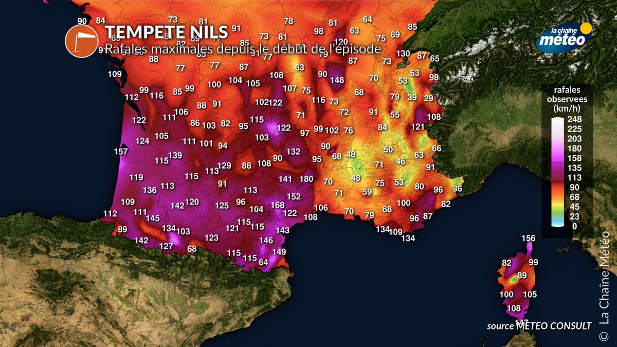 lachainemeteo's tweet image. La #Tempete #Nils s'est évacuée. Les #vents faiblissent après avoir balayé la Corse cette nuit (180 km/h au Cap Sagro), sans atteindre les extrêmes du Roussilon hier. Désormais, les #crues se prolongent et de nouvelles pluies sont présentes au centre-ouest 🌧️