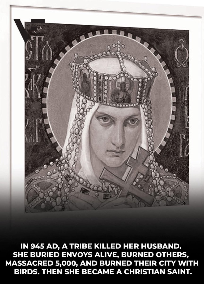 Fragbaza's tweet photo. In 945 AD, Olga of Kyiv endured one of the most brutal losses imaginable. Her husband, Igor of Kyiv, the ruler of Kievan Rus’, was murdered by the Drevlian tribe after he demanded a second tribute payment. The Drevlians, unhappy with the tribute, captured Igor, and in a horrific act, executed him by tying his legs to two bent trees and releasing them, tearing his body apart. Igor’s death left Olga widowed with their young son, Sviatoslav I, only three years old.

The Drevlians, believing that Igor’s death weakened Kievan Rus’, saw an opportunity to seize power. They sent envoys to propose that Olga marry their prince, Mal, a union that would place Kievan Rus’ under their control. Olga, appearing calm and cooperative, agreed to consider the offer. She requested that the envoys return the next day, dressed in honour, and carried in a boat as befitting important guests. When the envoys arrived, they were carried not to the palace, but to a deep pit. There, the boat with the envoys inside was dropped into the trench, and they were buried alive. Olga watched as they suffocated, but this was only the beginning.

Olga then sent word to the Drevlians that she had accepted the proposal but required a second delegation of their most important men to escort her. Unaware of the fate of the first group, the Drevlians sent another delegation. Olga welcomed them warmly and invited them to bathe after their long journey. Once they entered the bathhouse, Olga’s soldiers locked the doors and set the building on fire, killing all inside.

Next, Olga announced that she would visit the Drevlians’ land to hold a funeral feast for her late husband, Igor. The Drevlians prepared a lavish celebration, drinking heavily in anticipation of their victory. When they were fully intoxicated, Olga gave the signal. Hidden soldiers launched an attack and slaughtered the revelers. According to the Primary Chronicle, around 5,000 Drevlians were killed in a single night.

Still unsatisfied, Olga returned the following year with an army and laid siege to the Drevlian capital, Iskorosten. When the city refused to surrender, Olga demanded a small tribute: three sparrows and three pigeons from each household. Exhausted, the Drevlians agreed. Olga’s soldiers tied burning sulfur to the birds and released them. The birds flew back to their nests, setting the city on fire. Iskorosten was destroyed, and the Drevlian threat was finally vanquished.

After exacting her revenge, Olga ruled as regent for her young son for fifteen years. She proved to be a skilled ruler, reforming the tax system to prevent the abuses that had led to her husband’s death. She strengthened trade and kept the state stable. Later in life, Olga traveled to Constantinople and converted to Christianity, becoming one of the first Christian rulers in Eastern Europe. Though she tried to convert her son, Sviatoslav refused, but her influence would be felt through her grandson, Vladimir the Great, who later converted Kievan Rus’ to Christianity, building upon the foundation she laid.

Olga died in 969 at around eighty years old. The Orthodox Church later declared her a saint, calling her “Equal to the Apostles.” History remembers Olga as a complex figure—ruthless in her vengeance, a capable ruler, and a pioneering Christian. The woman the Drevlians underestimated not only destroyed them but also reshaped the future of Eastern Europe, leaving a lasting legacy.