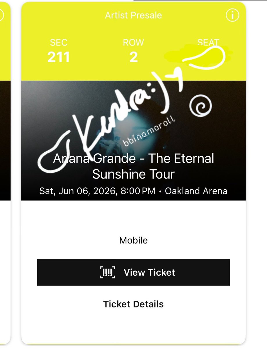 WTT | TRADE ONLY | NOT FOR SALE PLS DO NOT ASK TO BUY 🥲
Ariana Grande Eternal Sunshine Tour Oakland Day 1 June 6

Have: SAT 06/06 Sec 211 Row 2
Want: WEDNESDAY TICKETS 06/10 similar section Row 2 or Lower