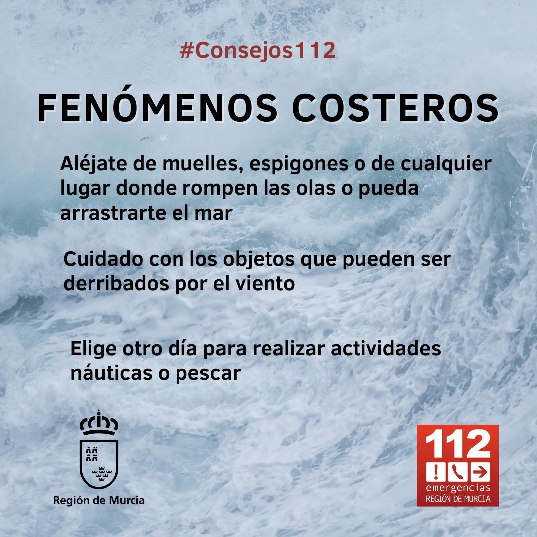 ¡Buenos días!

Recordamos que, para hoy, la <a href="/AEMET_Murcia/">AEMET_Murcia</a>  ha emitido aviso naranja por viento, con rachas máximas de 90 km/h . 
Y por fenómenos costeros, con olas pueden llegar a los 5 m.

¡Mucha precaución!