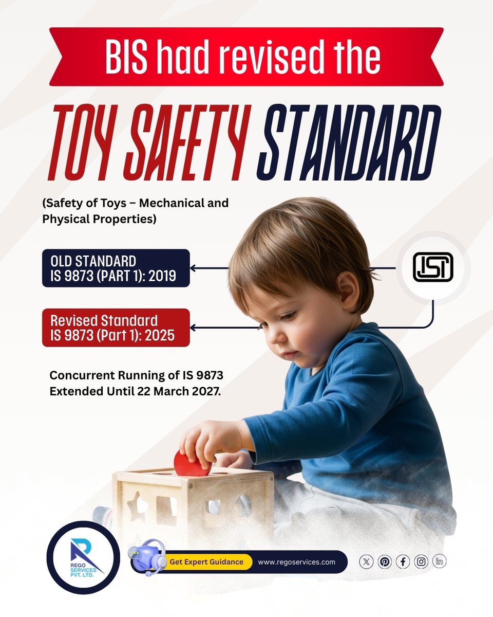 rego_services's tweet image. 🚨 BIS Update: Concurrent running of IS 9873 (Part 1): 2019 &amp;amp; 2025 extended till 22 March 2027 for Toy Safety (Mechanical &amp;amp; Physical Properties) Manufacturers must transition to the 2025 standard before the deadline. Read the official update webinar.regoservices.com/products️#BISUpdate