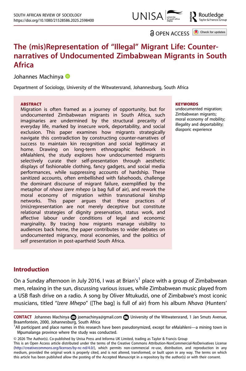 New Study OUT NOW on
'The (mis)Representation of “Illegal” Migrant Life: Counter-narratives of Undocumented Zimbabwean Migrants in South Africa'
by Johannes Machinya

Read the Open Access article here: 
doi.org/10.1080/215285…