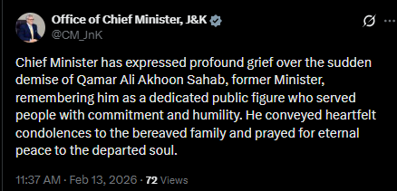 JK247News's tweet image. CM Expresses Condolences on Demise of Former Minister Qamar Ali Akhoon

@JKNC_ @CM_JnK @OmarAbdullah

#Condolences #JammuAndKashmir #PublicService #CMJammuKashmir