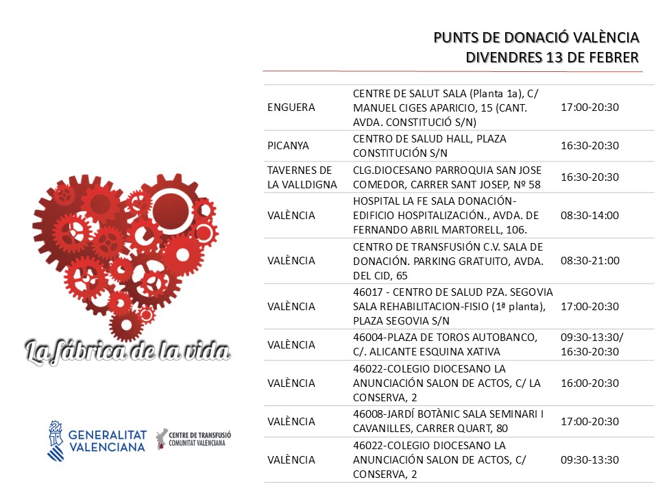 GVAdonasang's tweet photo. Punts de donació #València
📅divendres #13febrer
Els components sanguinis no es poden fabricar, la donació altruista és l'única manera d'obtindre'ls.
#DonaSang #DonaPlasma
Uneix-te a #LaFábricaDeLaVida❤️ https://t.co/Q8qL7zalop