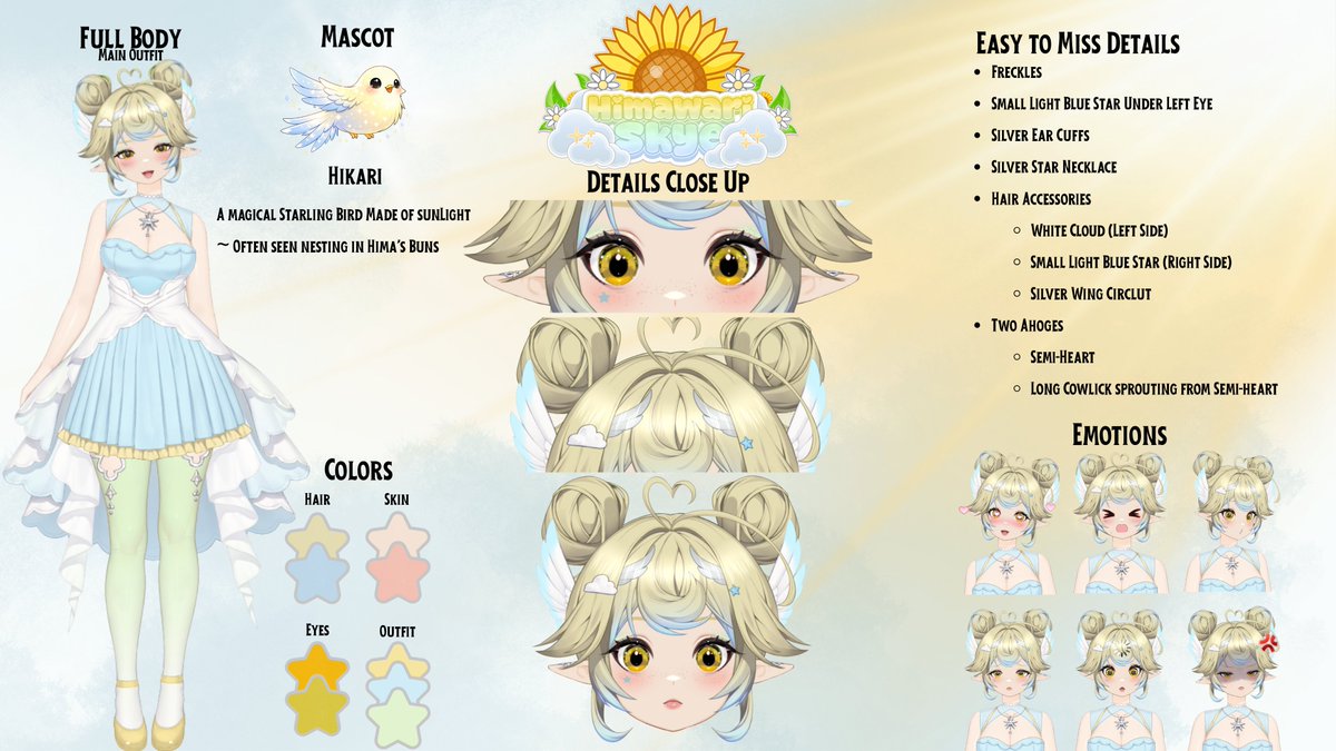 Hima_Skye's tweet photo. ✿ Himawari Skye
✿ English
✿ Part Time VTuber
✿ Sky & Sunflower Themed
✿ Nefelibata, who fell off her cloud into a sunflower patch, trying to figure out how to get home
✿ Married to @LilithCorax #CosmicContrast
✿ model by @Akizone
#Vtuber #ENVtuber #VtuberUprising https://t.co/Ce8L7qqdaf