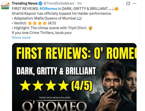 Congratulations Team O'Romeo🥳🎉

The Movie is getting mostly positive response from all over the audience. 🔥🔥💥💥

It is good news for #ShahidKapoor &amp; his fans.😀

#ORomeo #TriptiiDimri #oromeoreview