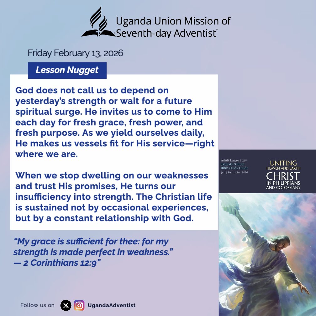 UgandaAdventist's tweet photo. We donβt wait for a spiritual surgeβwe walk daily with God.
Each surrender brings fresh power, fresh purpose, and renewed strength.
Hashtags:
#FreshGrace #BibleStudy #ChristianWalk #FaithDaily #HopeInChrist #SabbathPreparation #LiveByFaith https://t.co/J6iJrXJvbZ