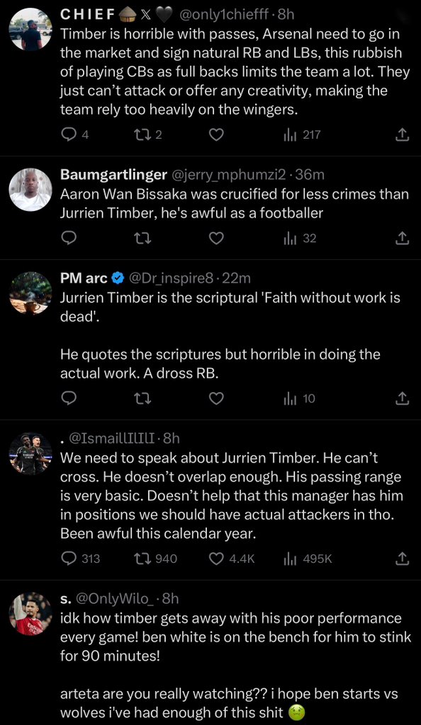 Tunnykvng's tweet image. Why argue with an Arsenal fan when you can just wait?

Jurrien Timber edition 😂😂😂