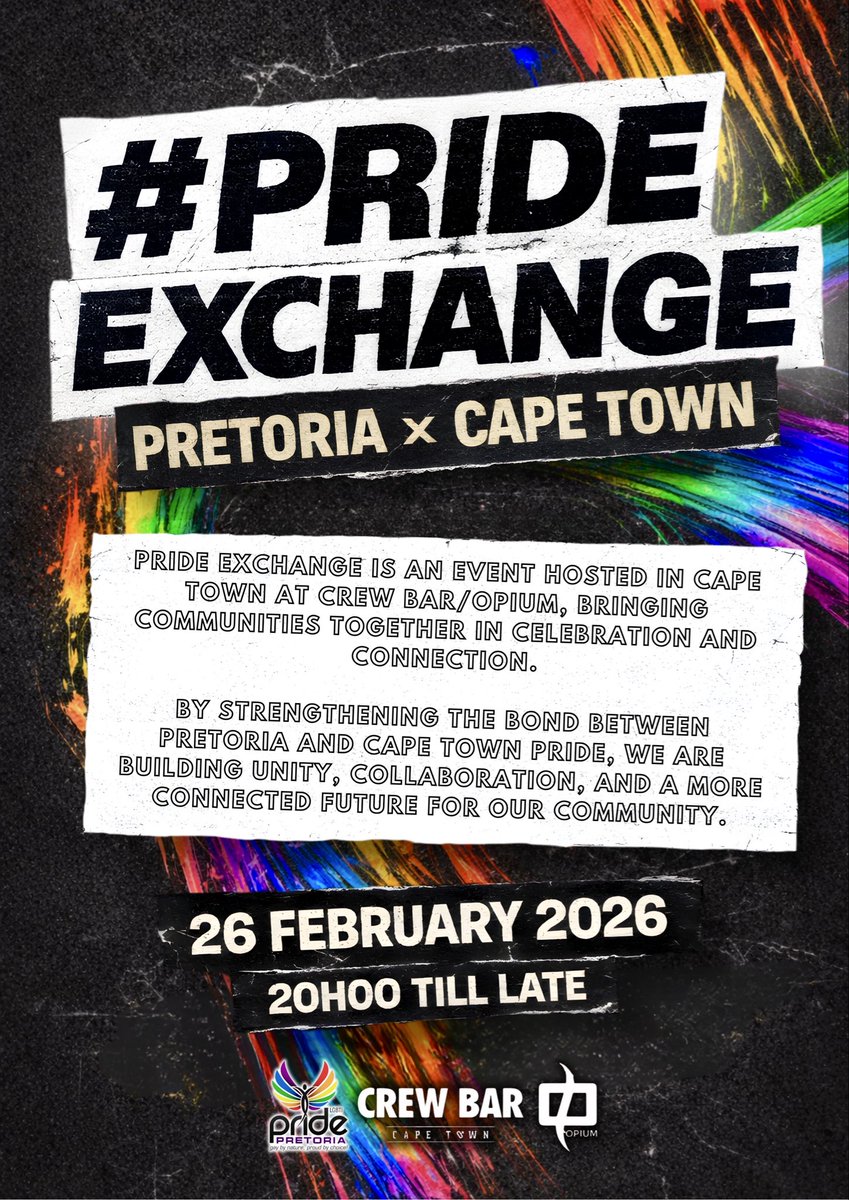 Two cities. One community. 🌈
#PrideExchange brings Pretoria and Cape Town together for a night of celebration, connection and unity at Crew Bar x Opium.
26 February 2026 | 20:00 till late
Let’s build a stronger, louder, prouder future — together.