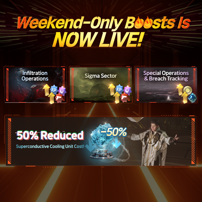 FirstDescendant's tweet photo. Weekend-only Boosts are LIVE! 🚀

Jump into Infiltration Operations, Sigma Sector, and Special Operations & Breach Tracking —
and enjoy boosted progress all weekend long!

Plus, Superconductive Cooling Unit costs are reduced by 50%! ⚡

📌This Week's Event Period: Feb 20 (Fri) 23:00 – Feb 22 (Sun) 22:59 PST