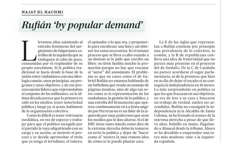 Disculpas a ⁦<a href="/elpais_espana/">EL PAÍS España</a>⁩ por vulnerar sus derechos de propiedad intelectual, pero este artículo de Najat el Hachmi bien merece una excepción. Habla de Rufián pero no solo. Apunta a uno de los principales obstáculos para construir un proyecto colectivo de las izquierdas