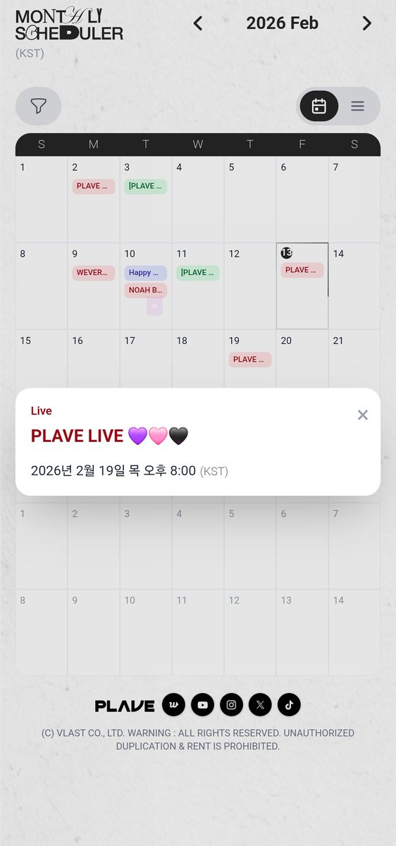 *

🗓   2026년 02월  셋째 주 스케줄  !

▫️ 02/19 (목)  PM 08:00   💜🩷🖤

ㅡ
🔗plavecalendar.com

#플레이브