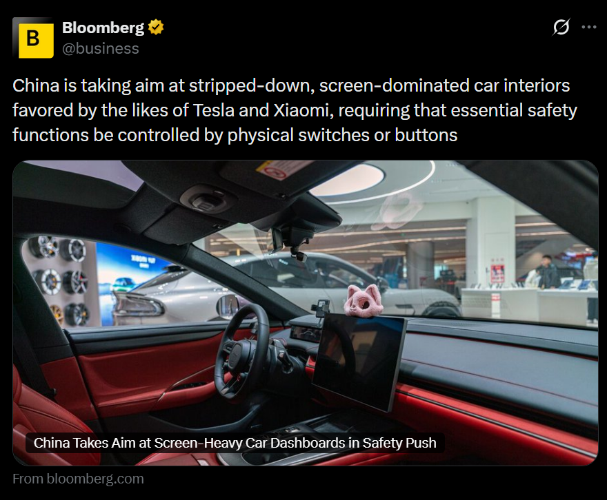 zhao_dashuai's tweet photo. Another win for Chinese regulators.

No more digging through menus for essential features or feeling for touch screen "buttons" when driving.

China, as the biggest car market will ensure every car maker follow to our very reasonable and competent regulations. https://t.co/kQ1n99kGTi