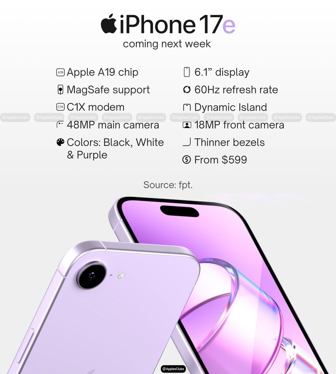 iPhone 17e coming next week 👀📱

• A19 chip
• 6.1” display (60Hz)
• 48MP main + 18MP front
• Dynamic Island
• MagSafe support
• Starts at $599

Would you pick this over the regular 17? 🤔🍎

Source- <a href="/frontpagetech/">fpt.</a>