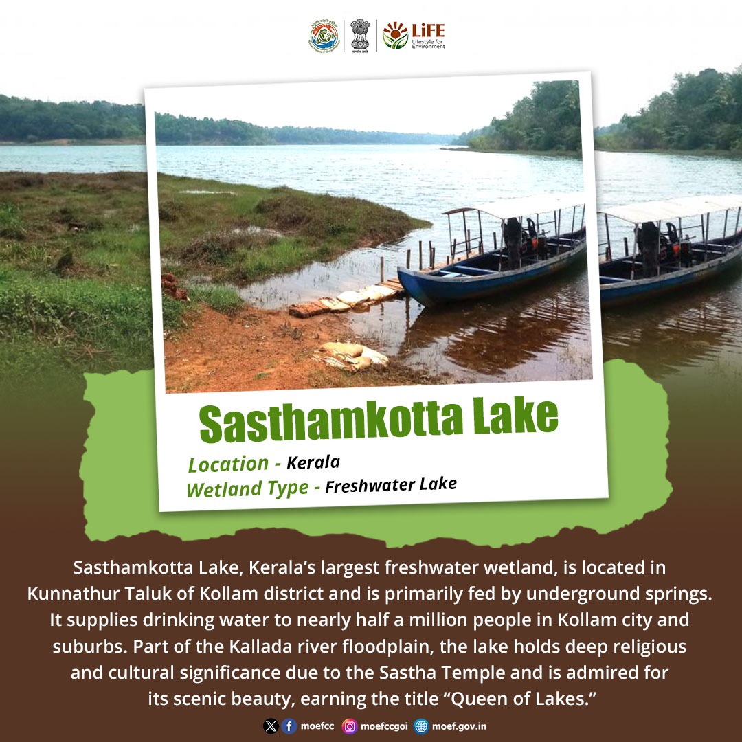 moefcc's tweet image. Sasthamkotta Lake, Kerala’s largest freshwater #Ramsar Site, is fed by underground springs and supplies drinking water to nearly half a million people. Its a part of the Kallada river floodplain, and holds deep cultural significance, also known as the “Queen of Lakes.”

#Wetlands
